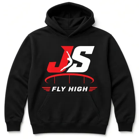 Black hoodie with a JS Fly High design